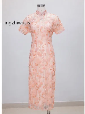 lingzhiwusis Pink Cheongsam Dress Vintage Chinese Style Top Quality Formal Dresses Beading Sequins Elegant Vestidos New Arrive