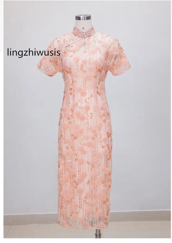 lingzhiwusis Pink Cheongsam Dress Vintage Chinese Style Top Quality Formal Dresses Beading Sequins Elegant Vestidos New Arrive