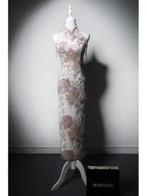 High Quality Beaded Sequins New Chinese Engagement Cheongsam Halter Wedding Young Girl Bride Toast Dress