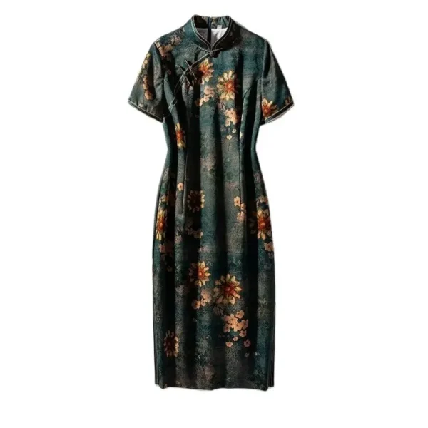 BirdTree, 6A 100%Real Silk Watered Gauze Elegant Dresses, Women Short Sleeve Floral, Vintage Cheongsam, Summer Autumn D48081QC